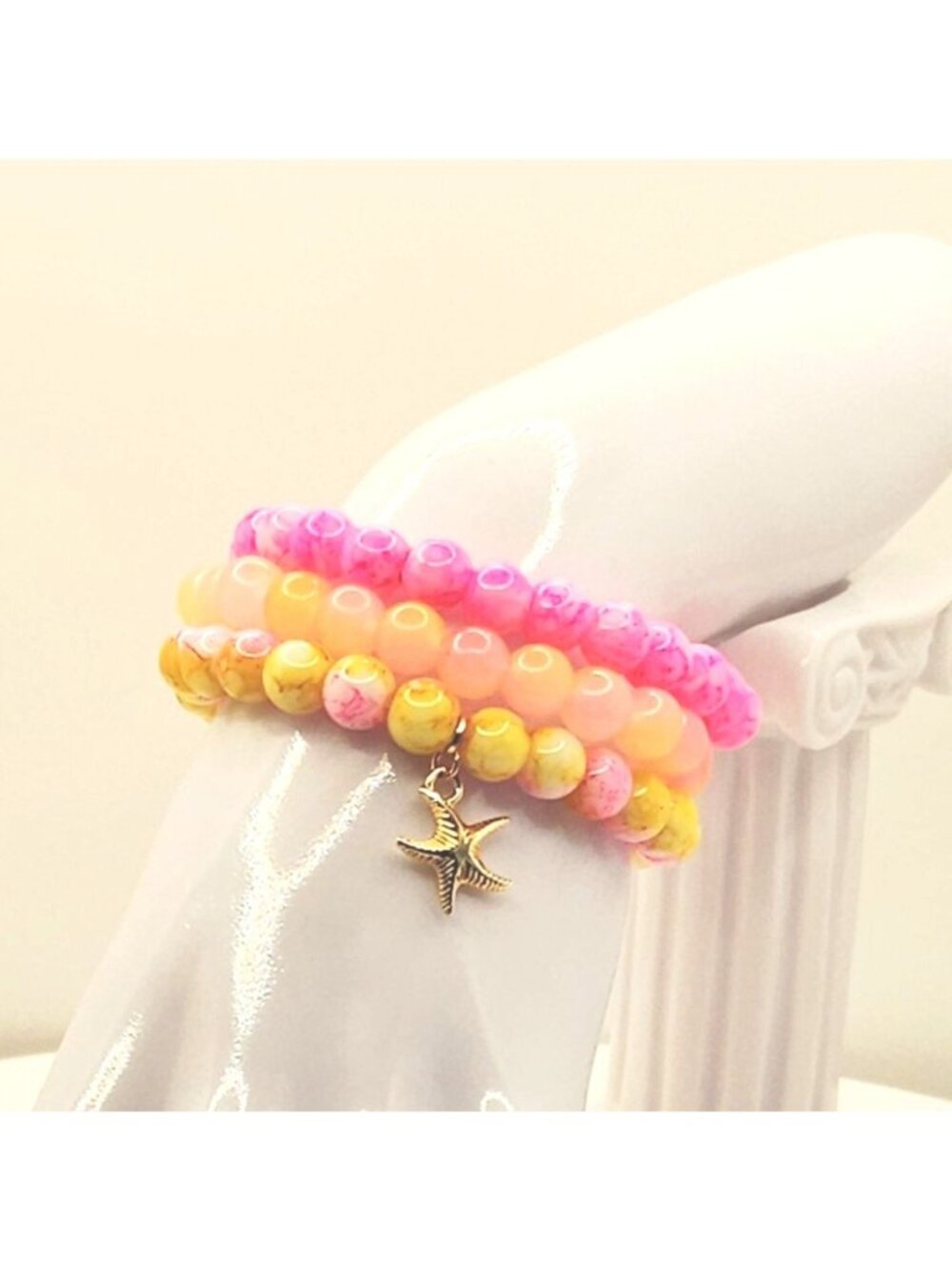 Pink Orange Bracelet Stack, Tropical Beach Bracelet, Starfish Charm Bracelet